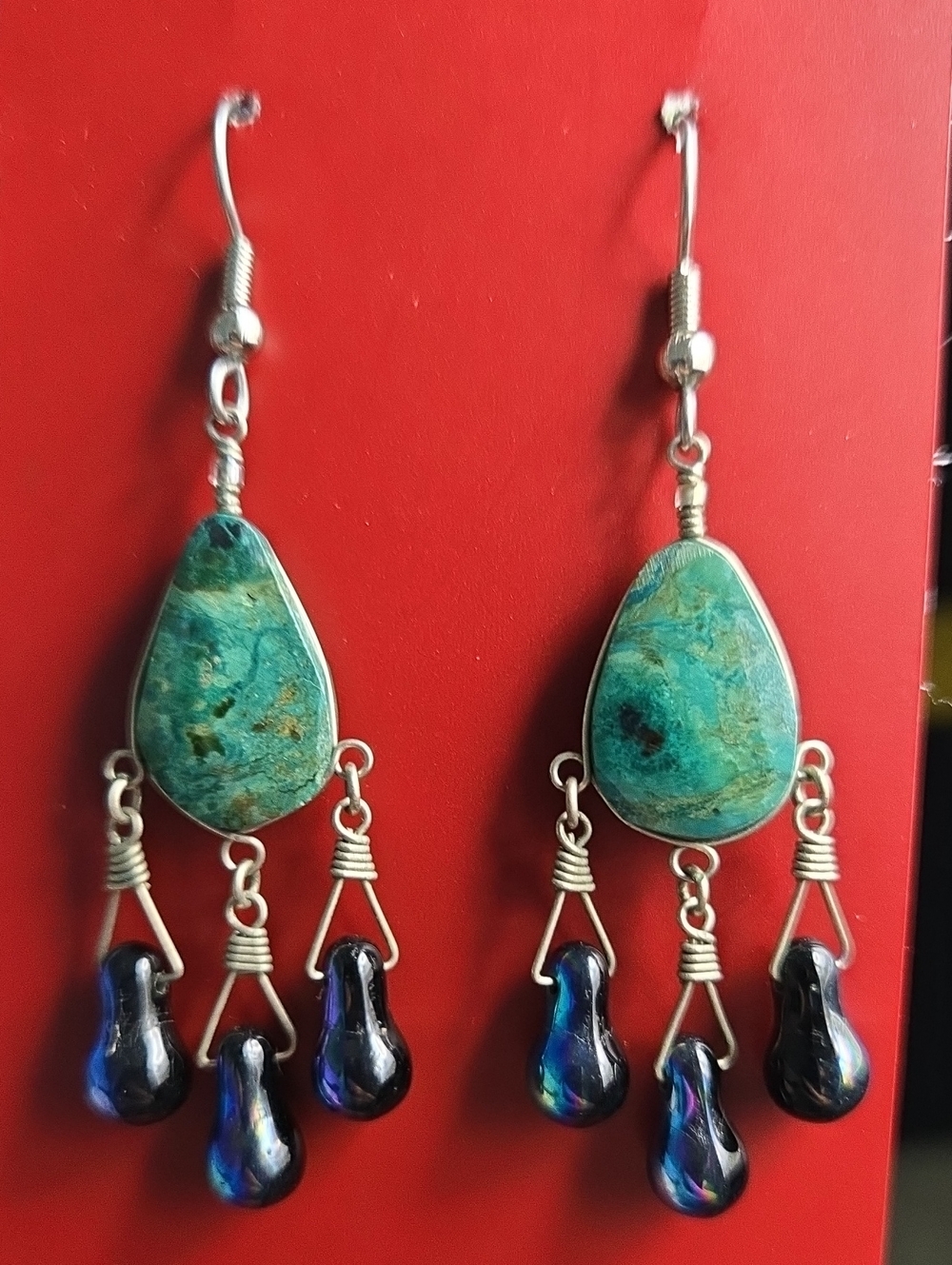 Vintage Turquoise Teardrop Dangle Earrings with Iridescent Black Beads